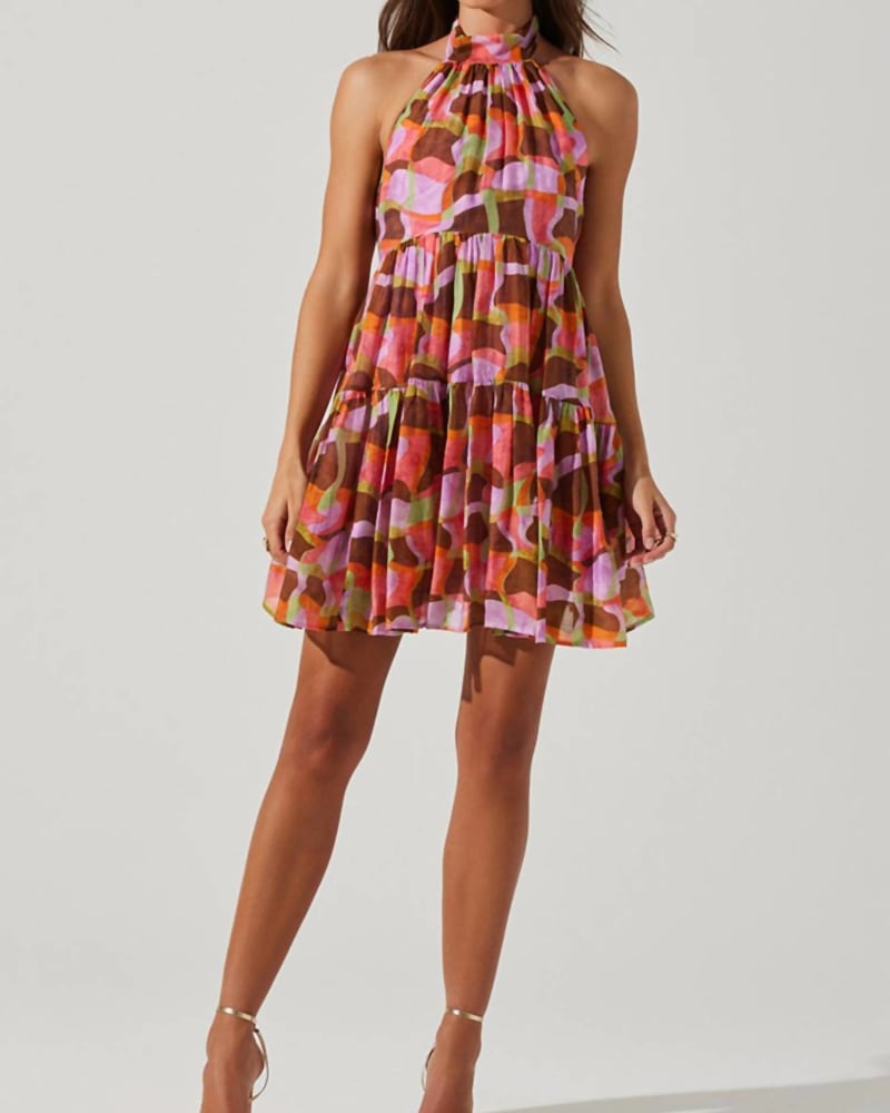 Front of a model wearing a size L Joetta Dress in Red Brown Multi in Red Brown Multi by ASTR. | dia_product_style_image_id:335331